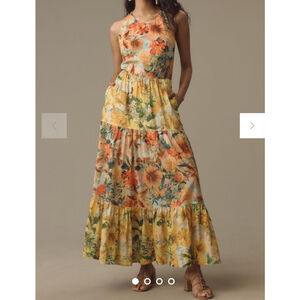 hropologie Pilcro Halter Maxi Dress Size:XL Yellow Floral Tier Tropical